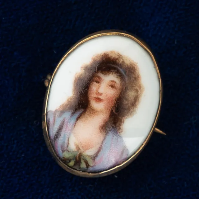 Antique Victorian Pointillist Miniature Hand Painted Porcelain Portrait Brooch