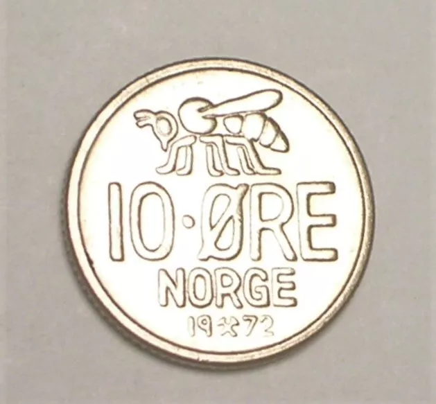 1972 Norway Norwegian 10 Ore Small Honey Bee Coin XF+