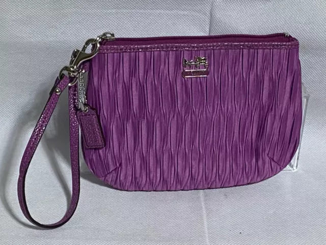 Coach Madison Pleated Cloth Violet Wristlet, Reptile Printed Leather Trim