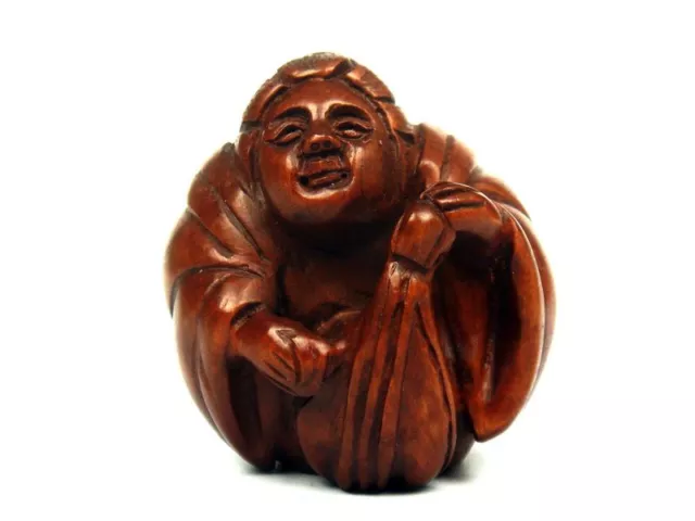 Japanese Boxwood Hand Carved Netsuke Sculpture Lady Musician Holding Instrument