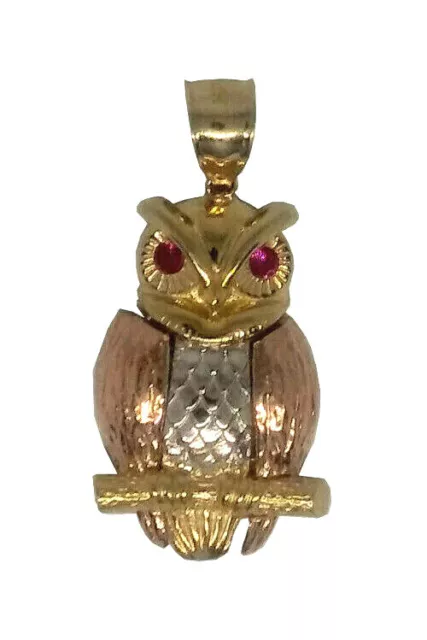 14k Multi Tone Tri Color Gold Good Luck Totem Great Horned Owl Charm Pendant