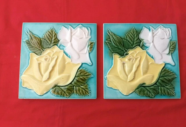 2 Piece Old Art Embossed Flower Design Majolica Ceramic Tiles Japan 0224 2