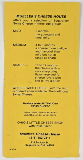 1982 Sugarcreeek Ohio Mueller's Cheese House Vintage Flyer Ad Card Hints Swiss