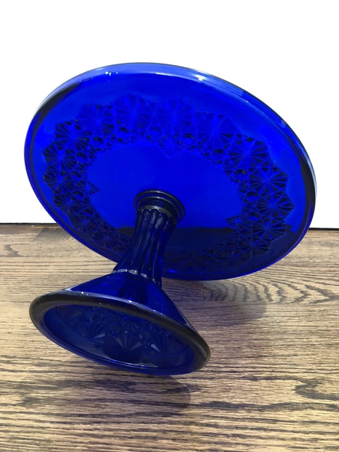Cobalt Blue Mosser Daisy Button ART GLASS CAKE PEDESTAL DESSERT PLATE STAND Rare