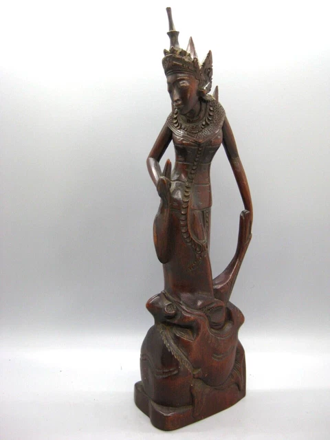 Fine Old Bali Balinese Hand Carved Hard Wood Deity Goddess Statue Figure 10 5/8"