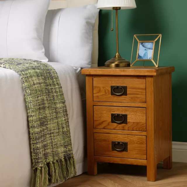 Baysdale Rustic Oak 3 Drawer Bedside Cabinet / Bedroom Lamp Table / Nightstand