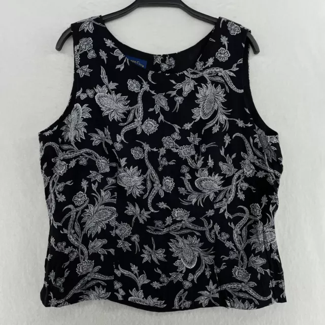 Charter Club Tank Top Women's Sz 16 Black White Paisley Floral Round Neck Casual