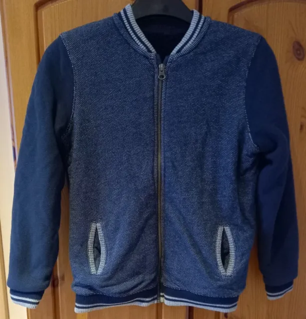 Boys M&S Navy Blue Fur Lined Fabric Bomber Jacket - Age 9-10yrs