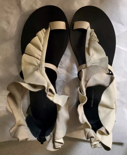 Isabel Marant Audry Ruffle-Trimmed Leather Sandals, FR Sz 35 (US 5), Ivory Color 3