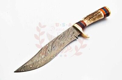 Custom Hand Made Forged Damascus Steel Hunting Bowie Knife handle Deer antler 2