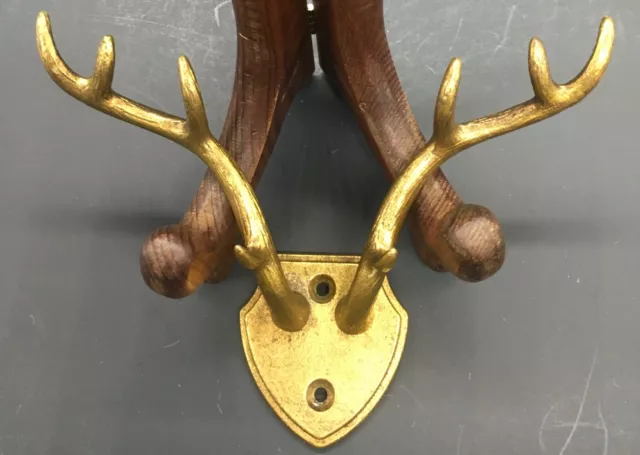 Brass coat hook deer antler double wall hanger vintage cabin log farm decor 7”