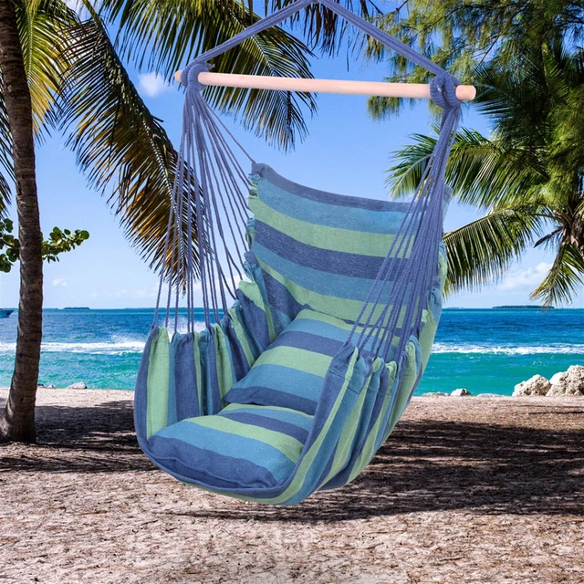 Outdoor Hammock Chair Swing Hanging Rope Net Chair Porch Patio & 2 Cushions US
