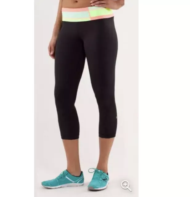 Lululemon Women's Size 6 Run Inspire Crop Leggings Black Pink Zip Pocket