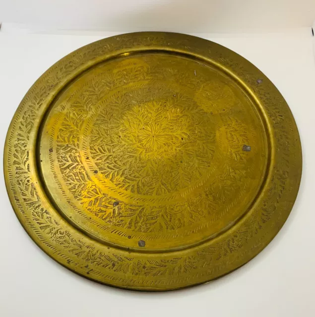 LARGE VINTAGE BRASS Etched Engraved Plate Tray Charger Wall - 23