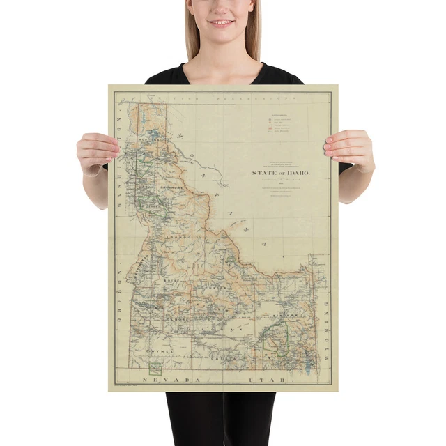 ANCIENNE CARTE DE l’Idaho (1891) affiche vintage de l’Atlas de l’État
