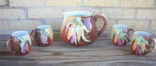 Vintage T&V Limoges Cider Pitcher and Four Mugs Hand Painted Harvest Corn