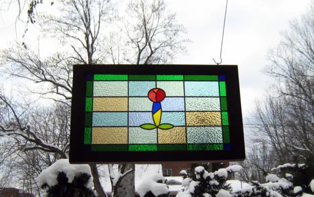 leaded large stained glass framed transom panel*antique wooden window decor art