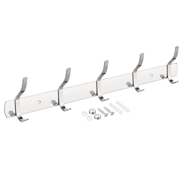 Coat Hook Rack Wall Mounted with 5 Hooks Hook Rail Wall Hangers Silver