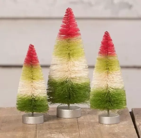 Set/3 4-6" Bethany Lowe Red Green Bottlebrush Tree Retro Christmas Village Decor