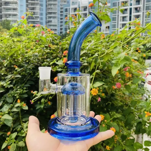 7" Heavy Blue Glass Water Pipe Bong Bubbler Hookah W/ Percolator + Tobacco Bowl