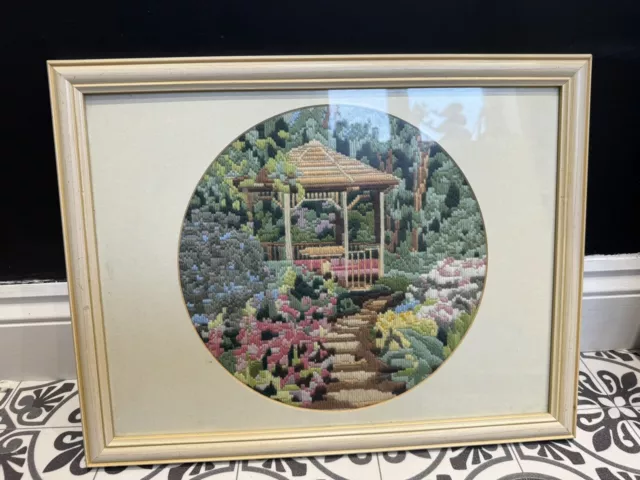 1970s Framed Embroidery Cross Stitch Completed Needle Point Size 14x17 Inches