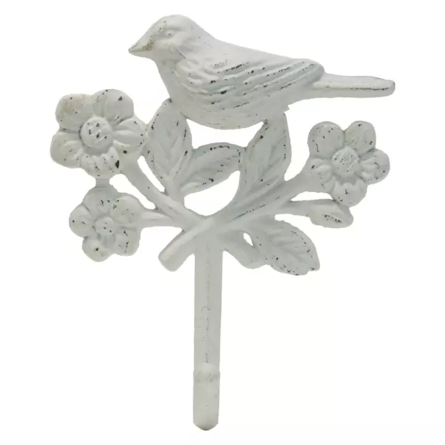 White Cast Iron Wall Mount Hook Bird Floral