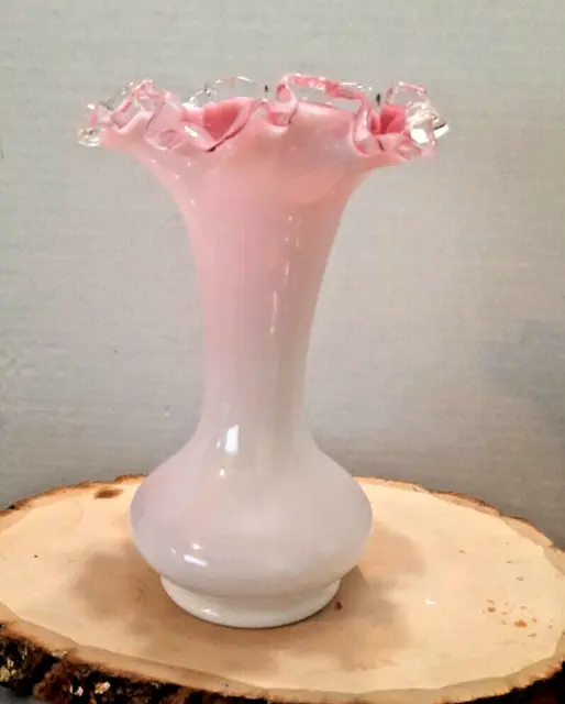 Fenton 1970's Milk Glass Overlay Country Rose Peach Crest Glass Vase Ruffled Rim