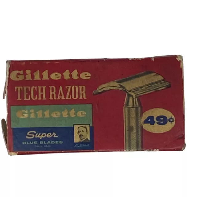Vintage Gillette Safety Razor Tech Blue Blades Logo  w/Box, Blades, Fort Lewis