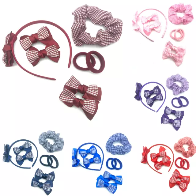 8 Piece Girls Gingham Hair Accessories Bow Clips Headband Scrunchies School Set