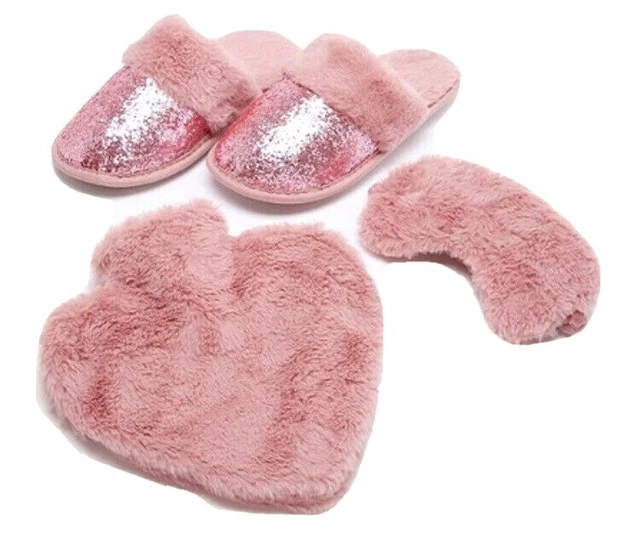 Nuevo conjunto de regalo de piel sintética botella de agua caliente, máscara para ojos y zapatillas brillantes rubor rosa S