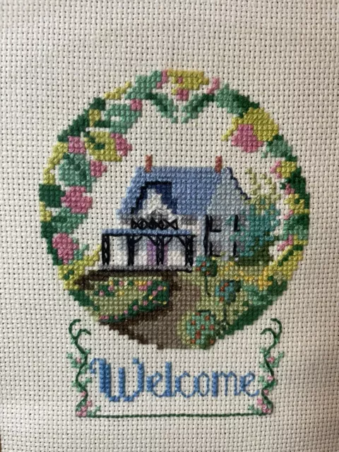 Handmade Needlepoint Welcome Wood Framed Art Sampler Home Floral House 5X7