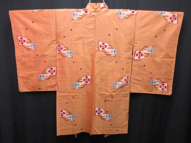 7566 Silk Vintage Japanese Kimono Haori Jacket Folding Fan Flower Meisen Long