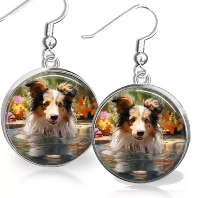 Shetland Sheepdog Swimming Sheltie Puppy Dog Mom Gift .925 Dangle Earrings