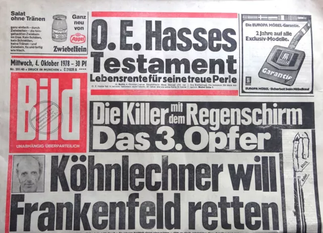 Kult-Zeitschrift BILD ZEITUNG, 4.10.1978, Köhnlechner will Frankenfeld retten