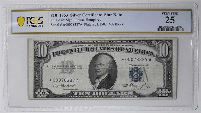 1953 $10 Silver Certificate Star Note FR1706* VF25 PGS