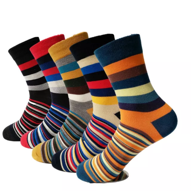 5 Pairs Mens Cotton Socks Lot Colorful Stripe Fashion Dress Sox For Wedding Gift