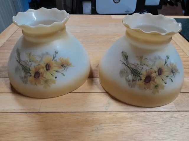 2 Vtg SUNFLOWER Bouquet Oil Lamp Shade Hand Painted Floral Milk Glass 8" Fitter