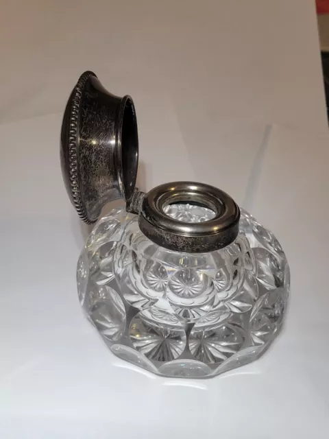 Vintage Antique Clear Crystal Glass Inkwell Bottle Sterling Silver