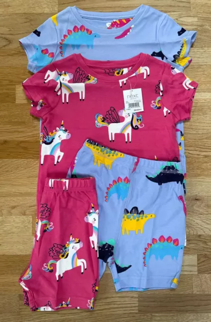 BNWT Next Girls Dinosaur Unicorn Summer Short Pyjamas 2 Pairs Age 2-3 Years