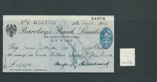 Cheque - Ch1213- Used -1943- Barclays Bank, George St. Luton