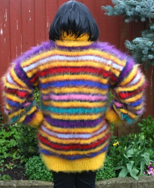 New Hand Knitted Luxury Fluffy Mohair T-Neck Sweater - Multi-Coloured Stripes 3