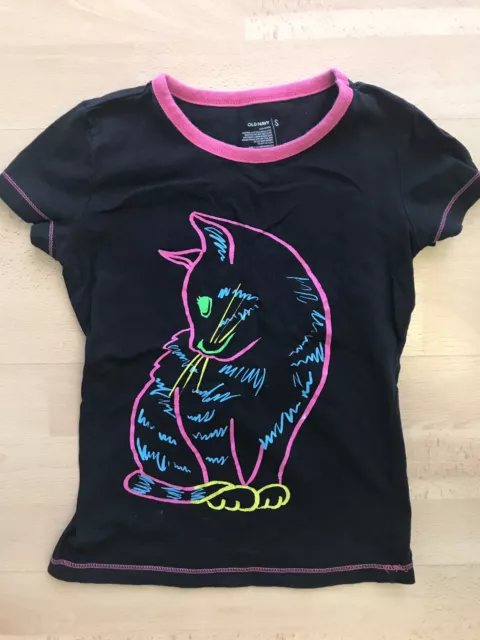 OLD NAVY GIRLS Kids Tee T-Shirt Top Size Small S Black Cat Print Short ...