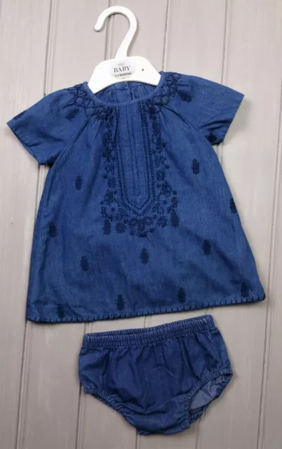 Baby Girls M&S Embroidered Chambray Denim Lined Dress & Pants 0-3 Months BNWT