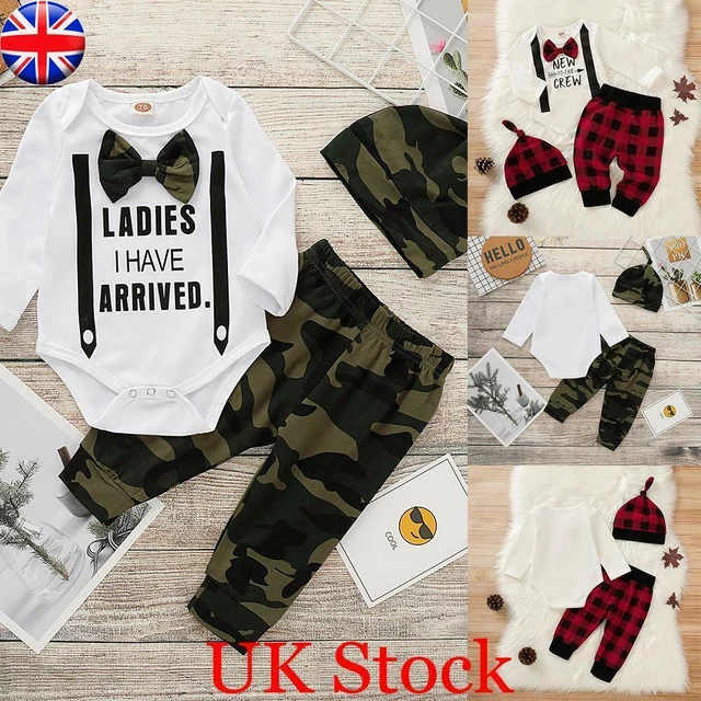 3Pcs Newborn Baby Boys Romper Tops Pants Hat Kids Clothes Sets Gentleman Outfits