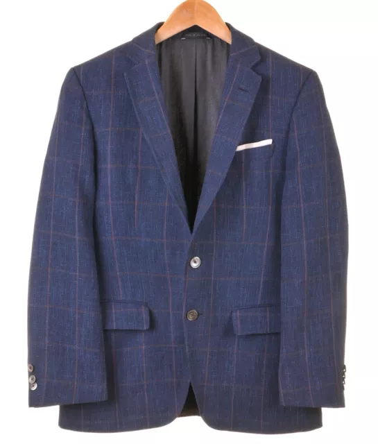 RECENT Hugo Boss Blue Wool Linen Silk Check Slim Fit Blazer Coat Jacket 38 S