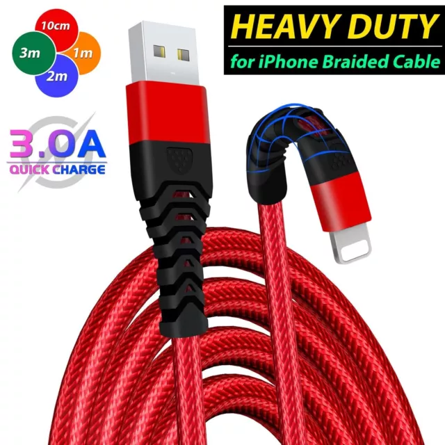 Heavy Duty Braided Long USB Fast Charger Cable Lead For iPhone 14 13 12 11 X 7 8