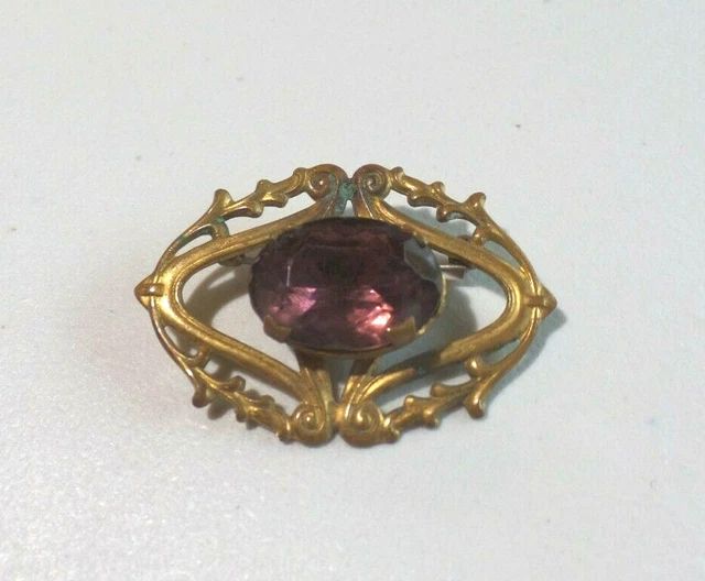 Vintage Victorian Art Noveau Pin Brooch Amethyst Brass 7368