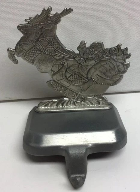 2004 ESL Pewter Metal Stocking Holder Santa Clause In Sleigh With Reindeer X-Mas