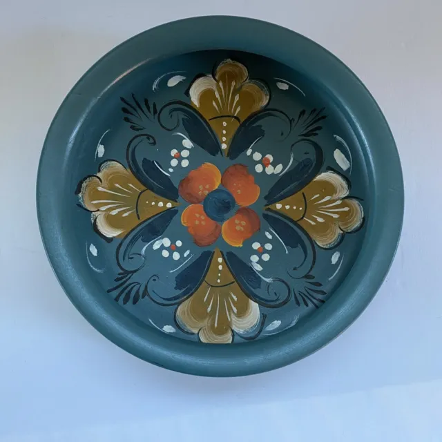 Hand painted Wooden Bowl Made In Norway Rosemaling Blue Green Floral Folk Art