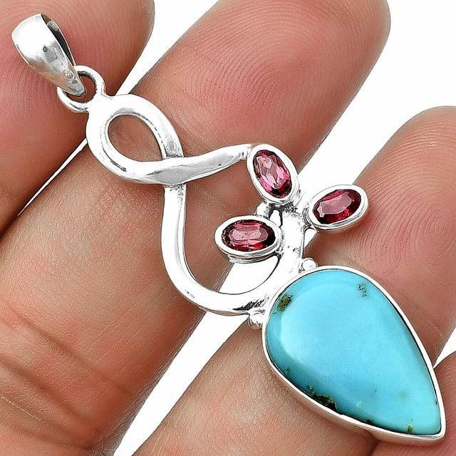 Natural Turquoise Nevada Aztec Mt & Garnet 925 Silver Pendant Jewelry P-1118